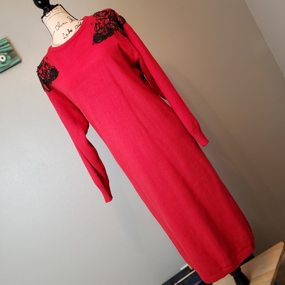 Vintage Beaded Red Sweater Dress sz M - Picture 2 of 8